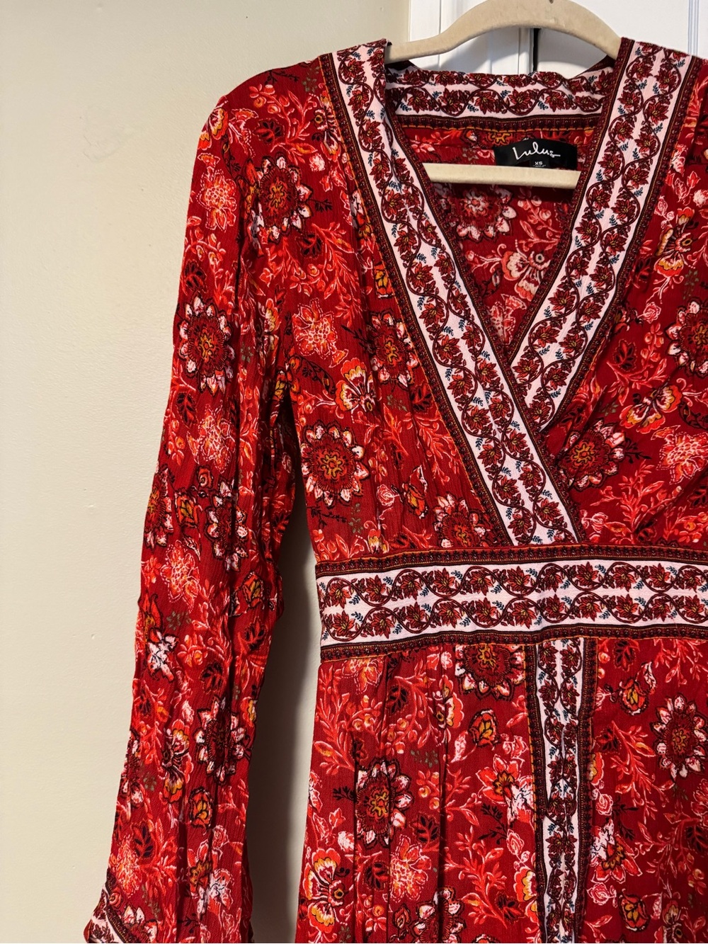 Lulu's Red Floral Wrap Maxi Dress with Contrast Trim